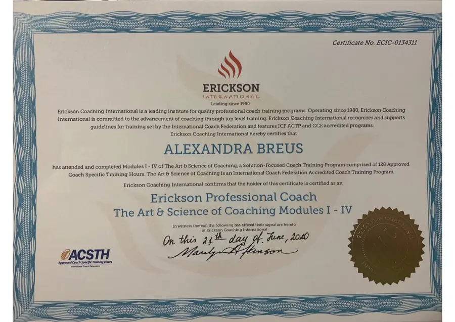 Alexandra Breus's Erickson Professional Coach Gold Certificate